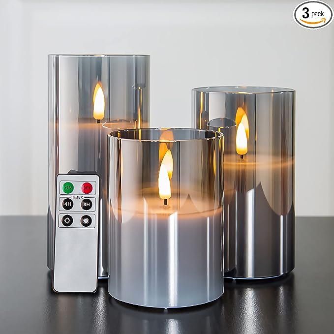 Eywamage Grey Glass Flameless Candles with Remote Battery Operated Flickering LED Pillar Candles Real Wax Wick 3" H 4" 5" 6"