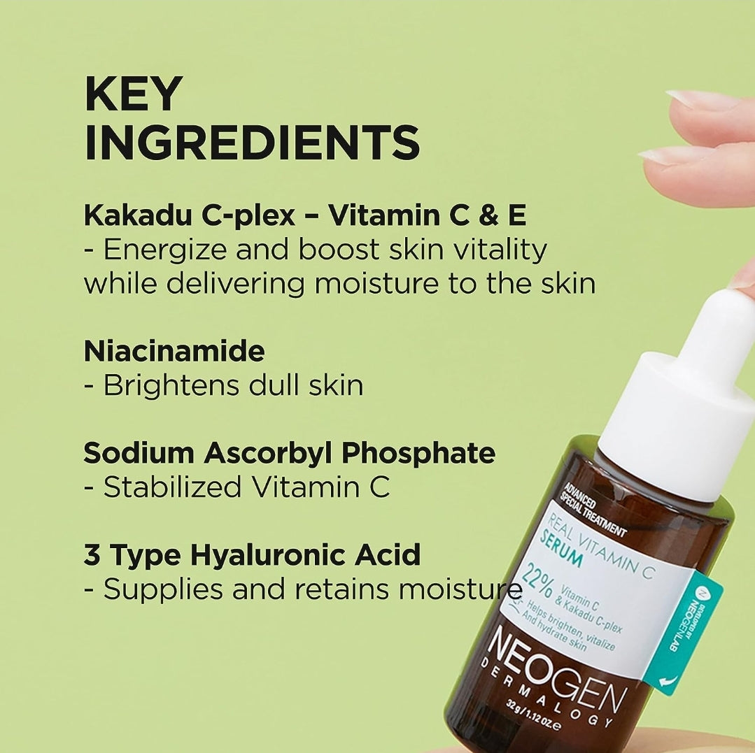 #koreanskincare DERMALOGY by NEOGENLAB Real Vitamin C Serum 1.12 oz (32g) - Brightening, Revitalizing Serum with 22% Pure Ascorbic Acid, Ferulic Acid, Zinc and Niacinamide - Korean Skin Care